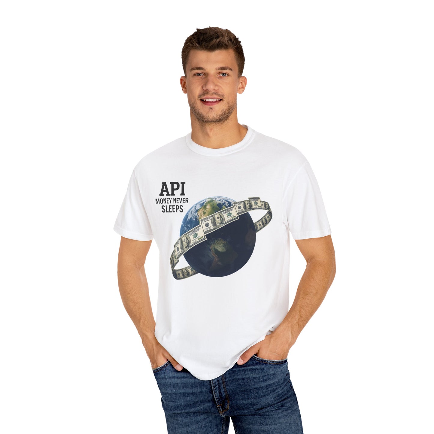 Cool Graphic T-Shirt, API Money Never Sleeps Tee, Unisex Casual Wear, Perfect Gift for Tech Lovers, Trendy Graphic Apparel, Everyday Wear