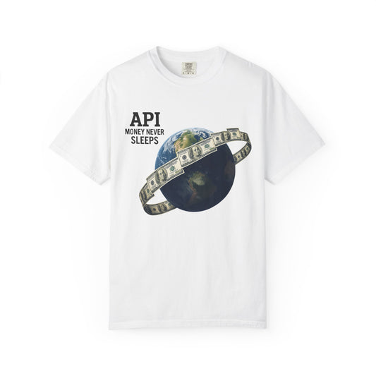 Cool Graphic T-Shirt, API Money Never Sleeps Tee, Unisex Casual Wear, Perfect Gift for Tech Lovers, Trendy Graphic Apparel, Everyday Wear